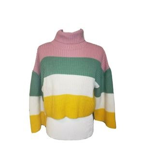 AWOO Cropped Sweater Turtleneck Size M Pink, Gold, Green Cream Stripe